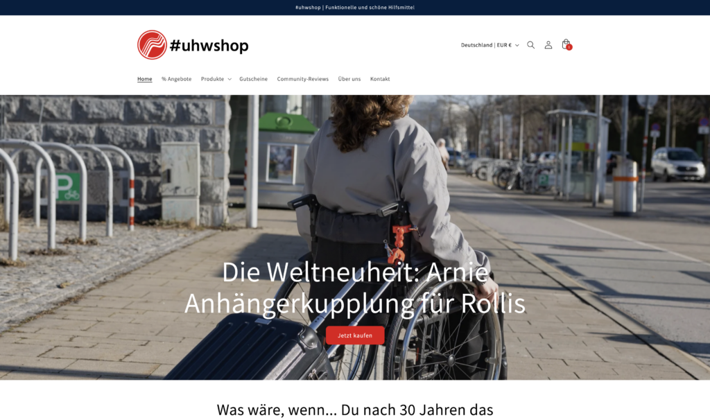 Screenshot der Startseite des #uhwshop by Unfallopfer-Hilfswerk.